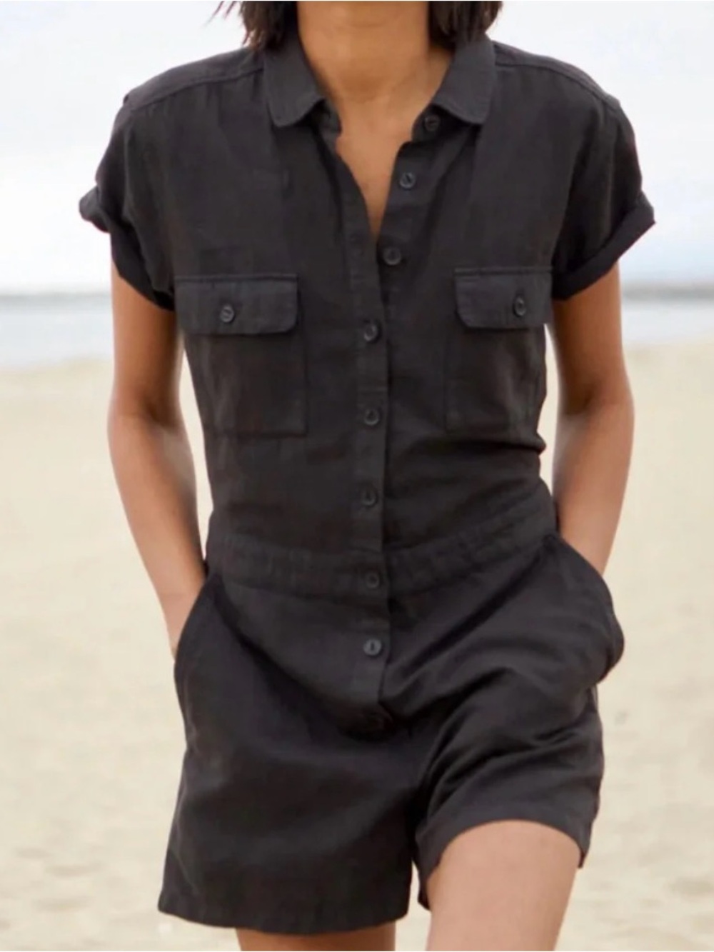 Outerknown Black Short-Sleeve Utility Romper